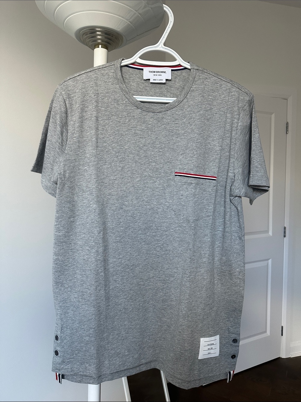 Thom Browne Grey Short Sleeve Crewneck Tee with Signature Stripe